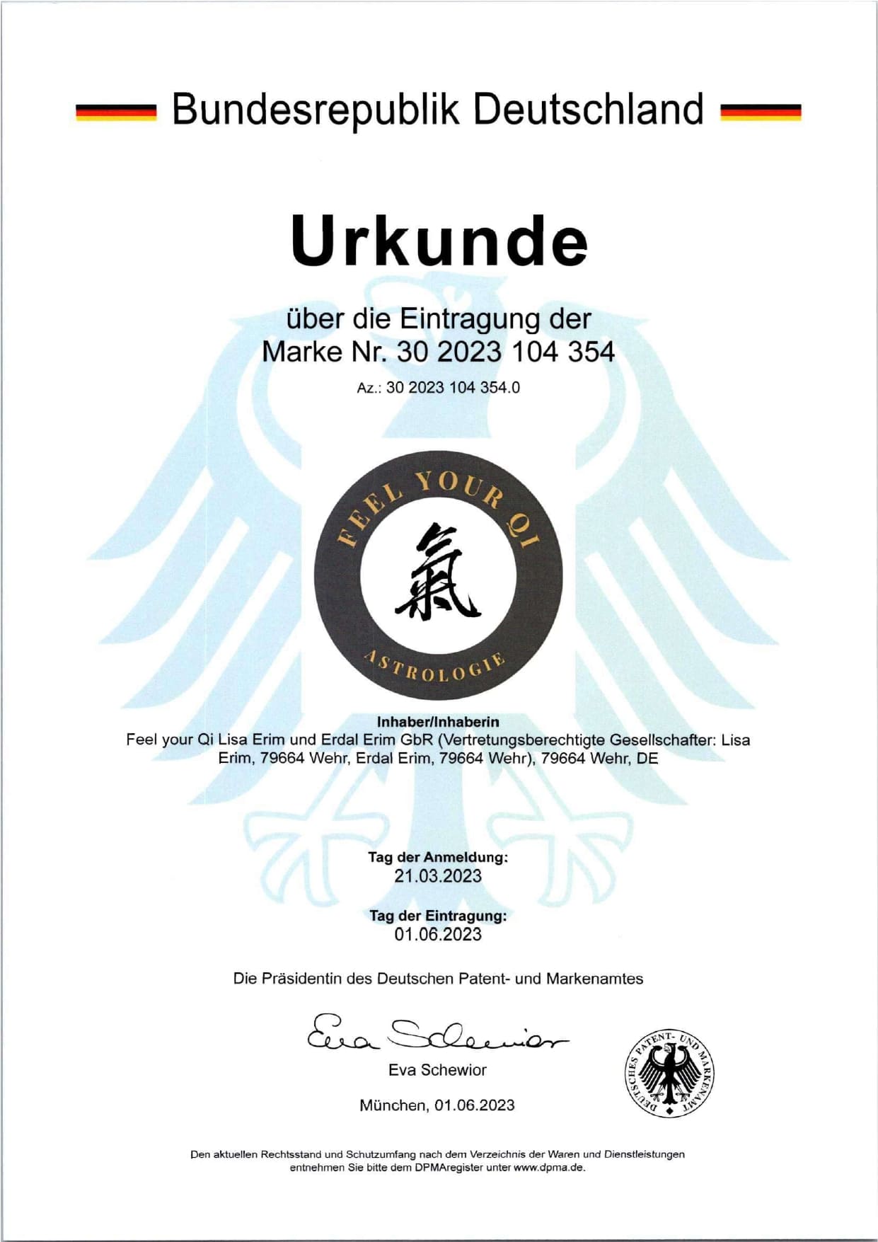Urkunde Markenanmeldung Feel your Qi