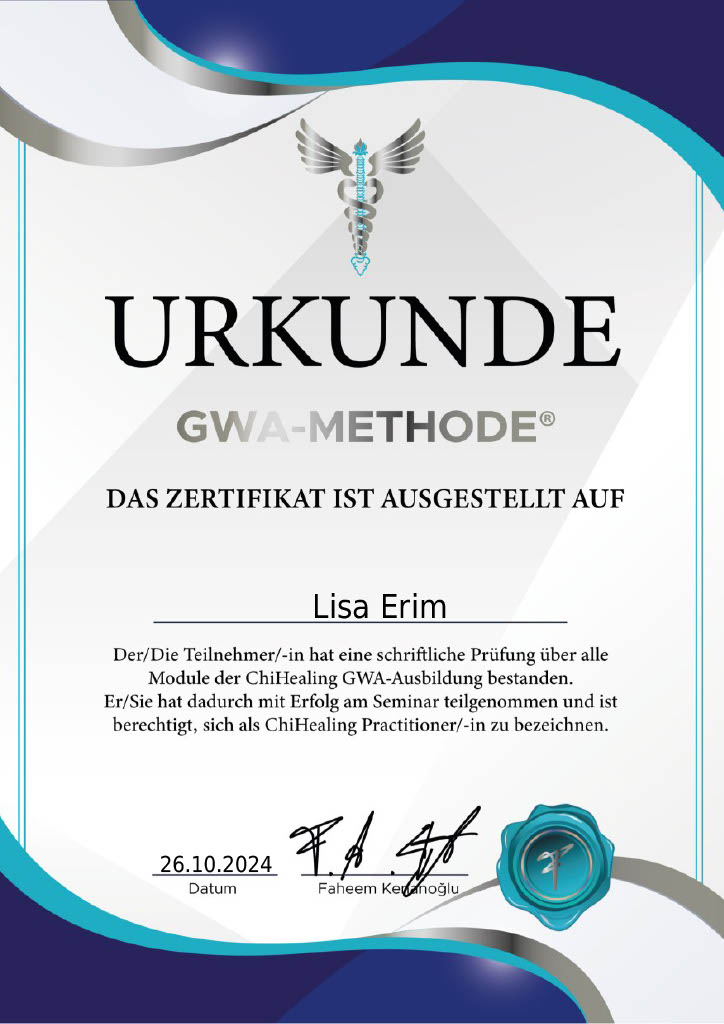 Zertifikat Lisa Erim ChiHealing Practitionerin GWA Methode